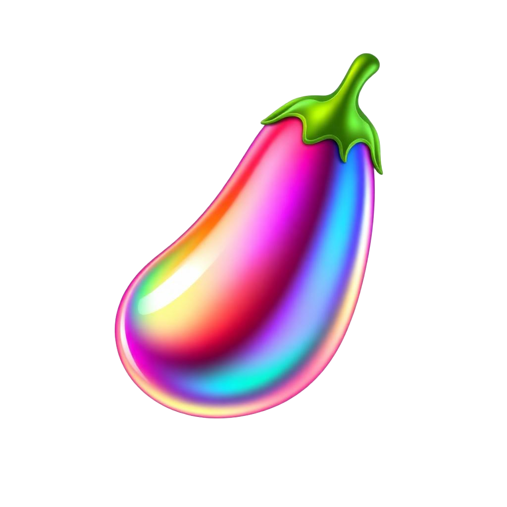 Glossy rainbow-sparkle eggplant mascot